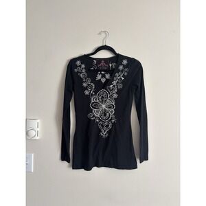 Johnny Was Womens XS Embroidered Top V Neck Black White Cotton Boho